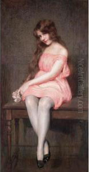 Girl In A Pink Dress Oil Painting by Gustave Brisgand