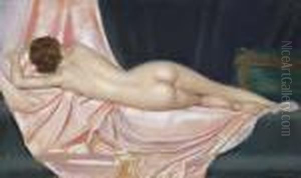 Nude Reclining On Pink Fabric Oil Painting by Gustave Brisgand