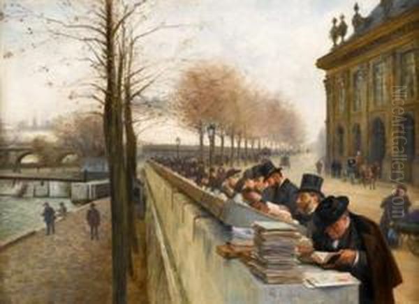 Bouquineurs Sur Les Quais De La Seine Oil Painting by Henri Brispot