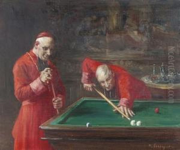 Zwei Billard Spielende Kardinale. Oil Painting by Henri Brispot