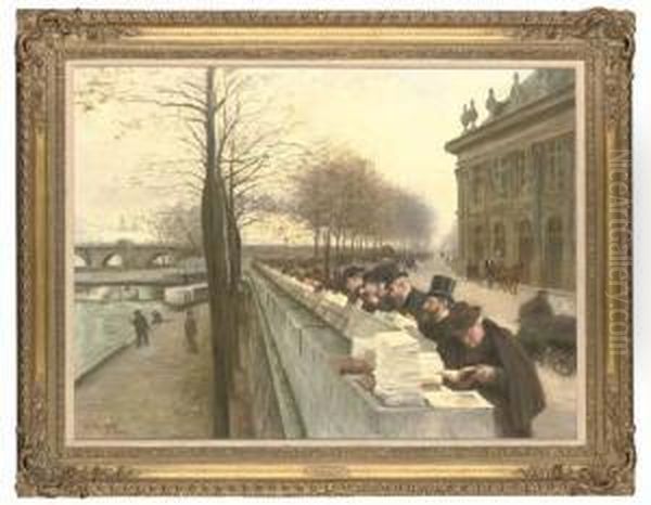 Les Bouquineurs Sur Les Quais, Paris Oil Painting by Henri Brispot