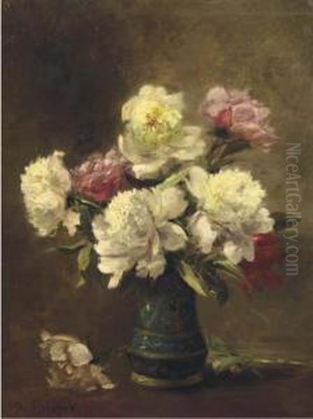 Peonies In An Enamel Vase Oil Painting by Henri Brispot