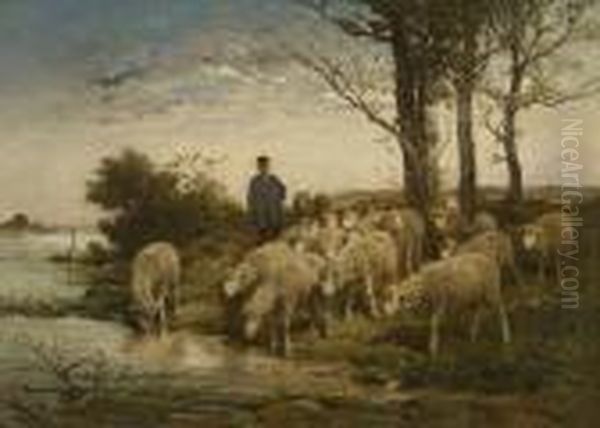 Schafer Mit Herde Am Wasser Oil Painting by Felix Saturnin Brissot de Warville