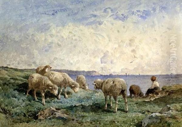 Farmer With Sheep By The Ocean Oil Painting by Felix Saturnin Brissot de Warville