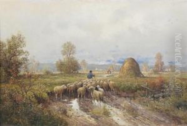 Shepherd And Flock By A Haystack Oil Painting by Felix Saturnin Brissot de Warville