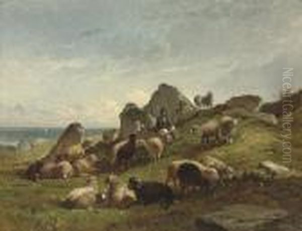 Shepherds Grazing Their Flock Oil Painting by Felix Saturnin Brissot de Warville