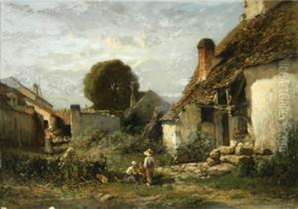 French Farmyard Scene Oil Painting by Felix Saturnin Brissot de Warville