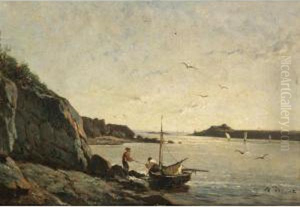 Pecheurs Bretons [, Fishermen In Brittany, Oil On Canvas, Signed] Oil Painting by Felix Saturnin Brissot de Warville