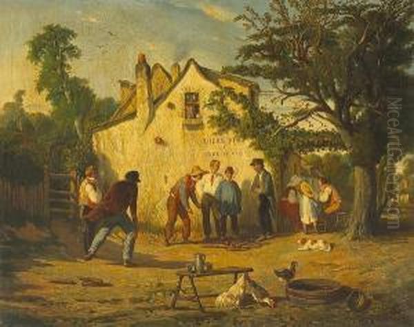 A French Provincial Scene With Figures Playing A Stick Game Outside An Inn Oil Painting by Felix Saturnin Brissot de Warville