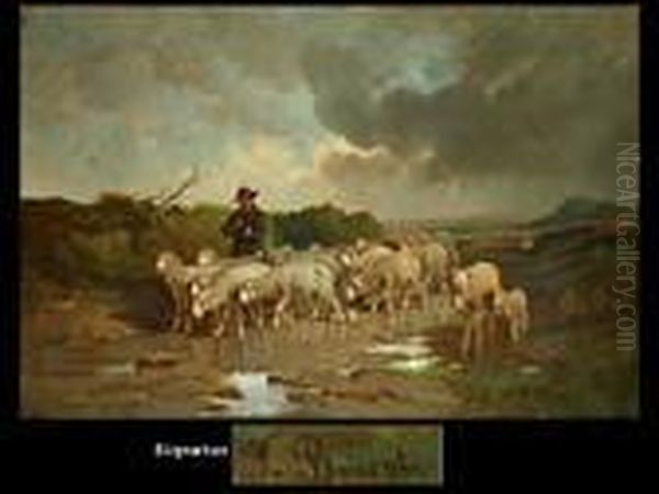 Der Schafer Mit Seiner Herde
 Rechts Unten Sign Oil Painting by Felix Saturnin Brissot de Warville