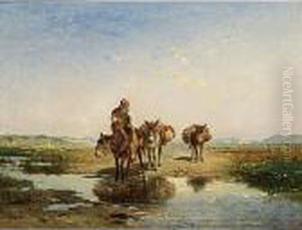 A Donkey Rider Crossing A Stream Oil Painting by Felix Saturnin Brissot de Warville