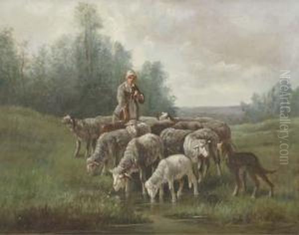 A Shepherd Girl Leading The Flock To Water Oil Painting by Felix Saturnin Brissot de Warville