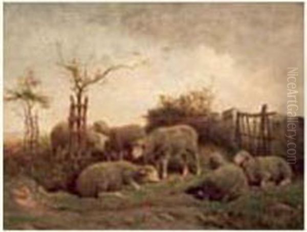 Moutons Dans Un Enclos. Oil Painting by Felix Saturnin Brissot de Warville