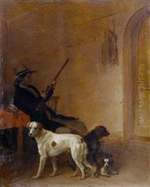 A Sportsman In An Interior With His Dogs Oil Painting by Edmund Bristow