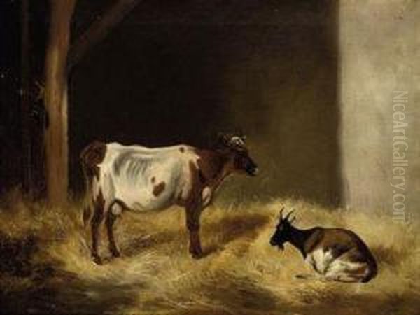 A Cow And Goat In A Stable Oil Painting by Edmund Bristow