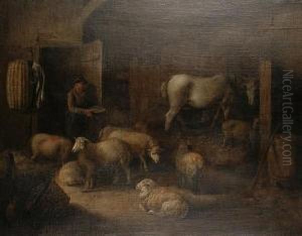 Farm Animals In A Barn Interior Oil Painting by Edmund Bristow