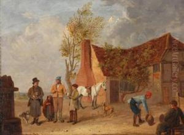 Figures And Animalsin A Yard Oil Painting by Edmund Bristow