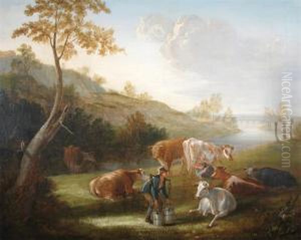 A Couple Milking Cows In A River Landscape Oil Painting by Edmund Bristow