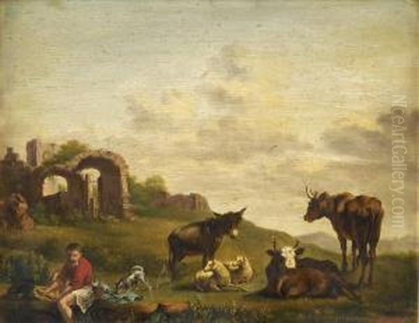 Droverresting On A River Bank, With Donkey, Cattle, Sheep And Dog, Ruinsbeyond Oil Painting by Edmund Bristow