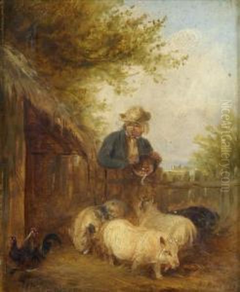 Feedingthe Pigs; A Barn Interior A Pair Oil Painting by Edmund Bristow