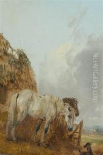 British, - White Horse Beside Thebarn Oil Painting by Edmund Bristow