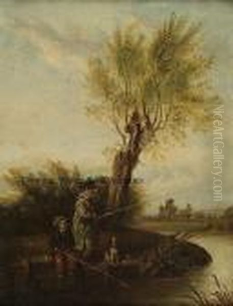 Two Boys Fishing With Oil Painting by Edmund Bristow