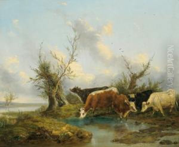 Kuhe An Der Tranke Oil Painting by Edmund Bristow