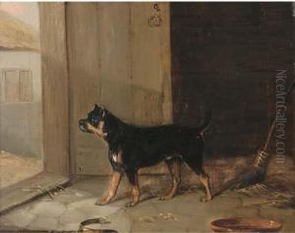 A Bullterrier Hearing A Visitor Oil Painting by Edmund Bristow