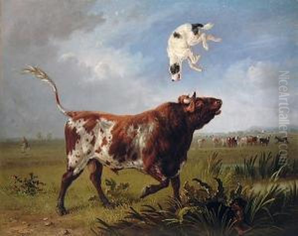 A Bull Tossing A Terrier While A Fisherman Makes Good His Escape Oil Painting by Edmund Bristow