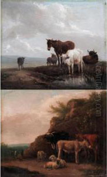 Donkey And Catle Watering; Cattle And Sheep Resting Oil Painting by Edmund Bristow