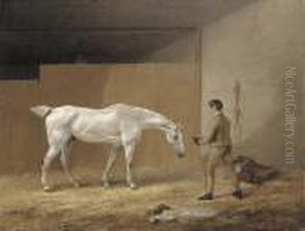 A Grey Hunter And Stableboy Oil Painting by Edmund Bristow