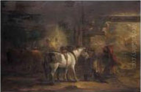 Saddling A Horse In A Stable Oil Painting by Edmund Bristow