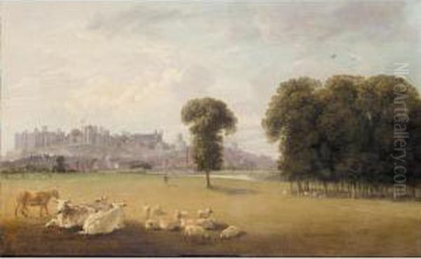 View Of Windsor Castle With Cattle In The Foreground Oil Painting by Edmund Bristow