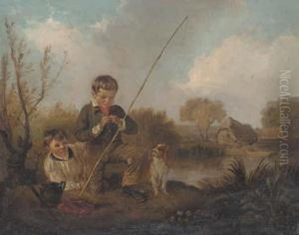 Boys Fishing Oil Painting by Edmund Bristow