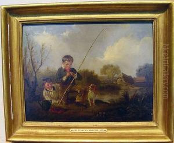 Children Fishing Oil Painting by Edmund Bristow