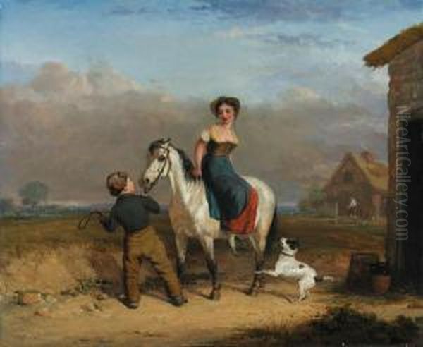 A Girl On A Grey Pony Held By A Boy, By A Country Cottage Oil Painting by Edmund Bristow