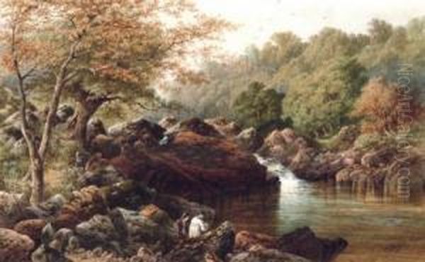 A Tranquil Pool With Fisherman Oil Painting by Charles Edward Snr Brittan