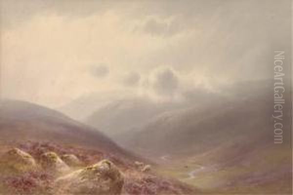 Sheep Grazing On The Moors Below Low-lying Clouds Oil Painting by Charles Edward Snr Brittan