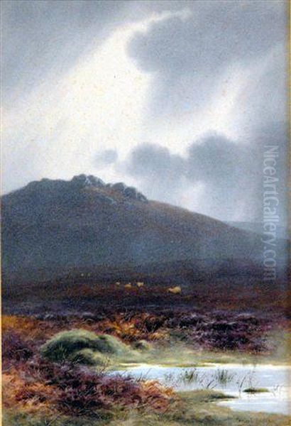 Watercolour, View Oftrowlsworthy, Dartmoor, Signed Oil Painting by Charles Edward Ii Brittan