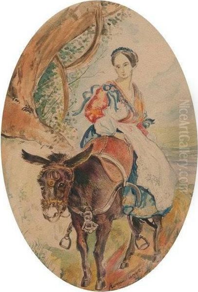 Peasant Woman On A Mule Oil Painting by Karl Brulloff