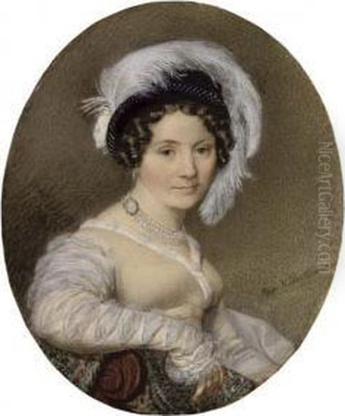 Portrait Of A Lady, Bust-length, In A Feathered Hat Oil Painting by Karl Brulloff