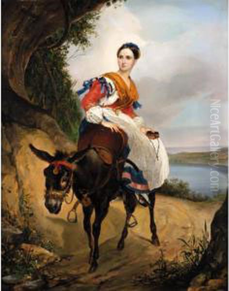 Portrait Of Olga Ferzen On A Donkey Oil Painting by Karl Brulloff