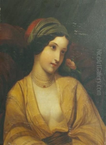 Portrait Of A Woman With Pearls And A Flower Oil Painting by Constant Joseph Brochart