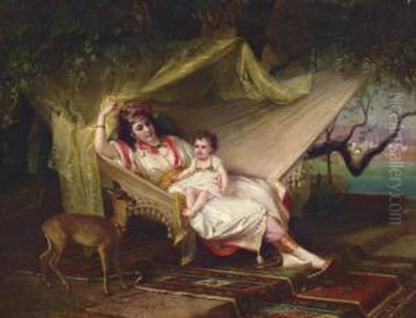 Clementine Stora And Her Daughter Lucie In An Interior, Constantinople Oil Painting by Constant Joseph Brochart