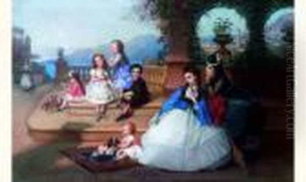 Famille Sur La Terrasse D'une Villa De La Riviera Italienne Oil Painting by Constant Joseph Brochart