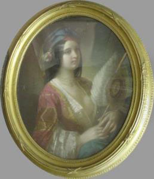 Portrait Of An Elegant Woman In Exotic Dress Holding A Fan Oil Painting by Constant Joseph Brochart