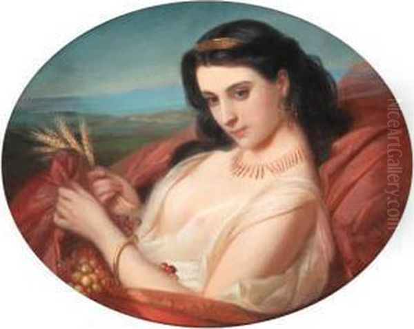 A Dark-haired Beauty Adorned 
With Wheat And Grapes; And A Youngreclining Beauty Swathed In A Robe Oil Painting by Constant Joseph Brochart