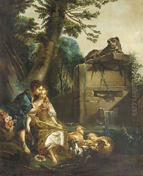 A shepherd teaching a shepherdess to play the flute Oil Painting by Francois Boucher