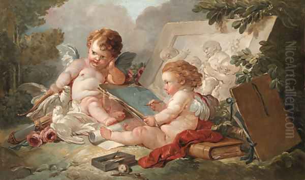 A winged putto sketching Cupid, by a bas-relief of children playing, in a landscape Oil Painting by Francois Boucher