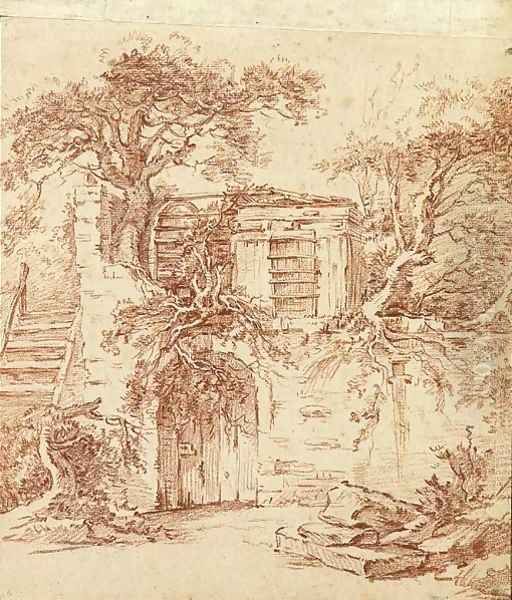 A garden shed built in the ruins of an old cottage overgrown with trees Oil Painting by Francois Boucher